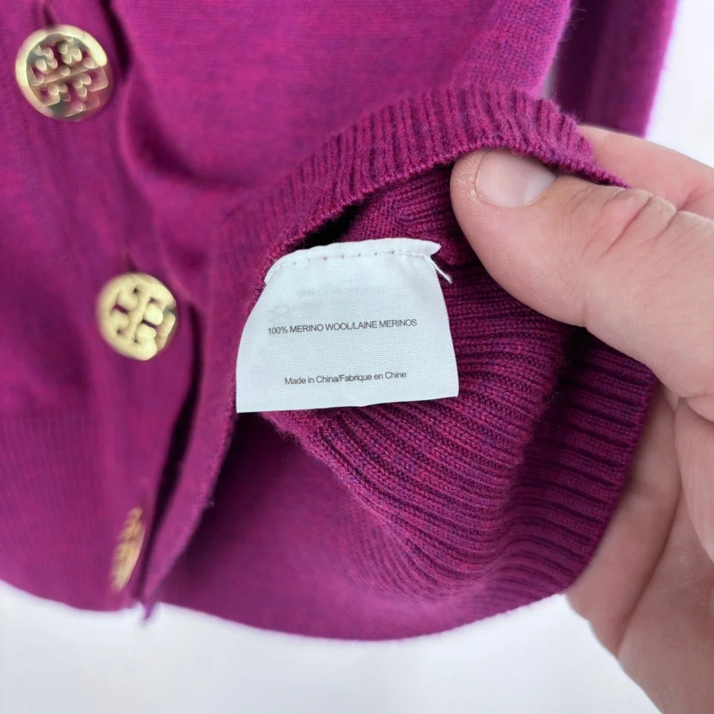 Tory Burch Simone Cardigan Women S Purple Merino Wool Logo Button Sweater V-Neck